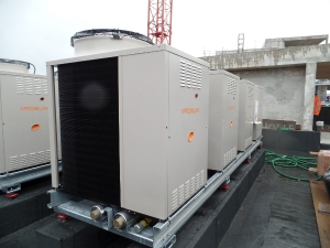 Robur chillers installed on the apartment rooftops at Embassy Gardens